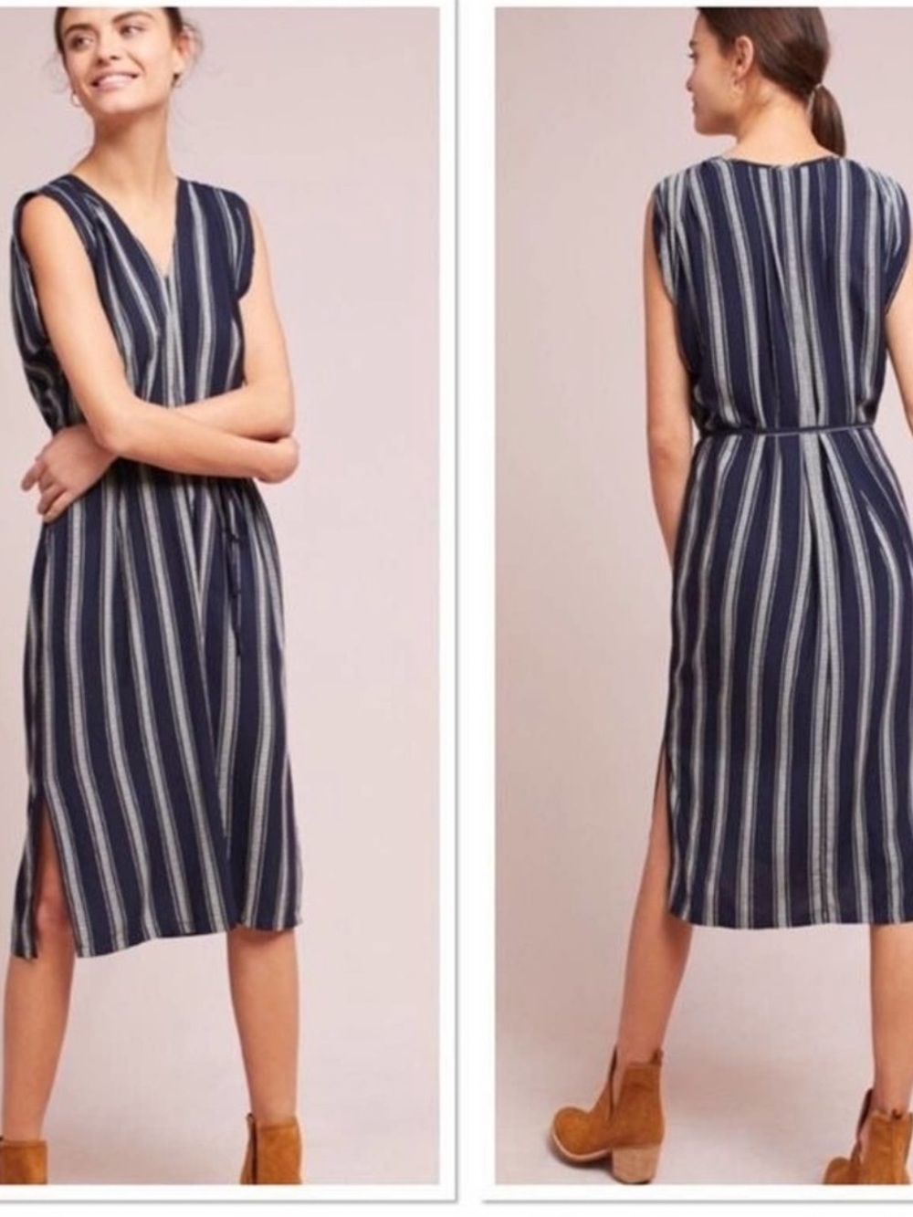 Anthropologie Dress Striped Navy Sleeveless NWT Size Large
